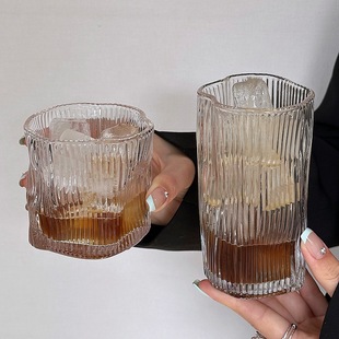 小众复古竖纹不规则水杯冰美式拿铁杯咖啡杯冷萃杯饮品杯玻璃杯