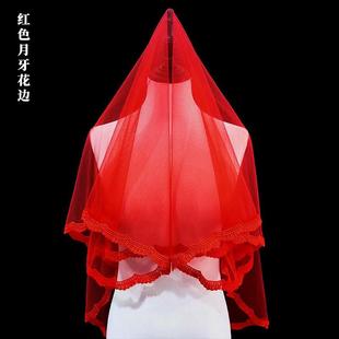 半透明红色头纱中国风结婚新娘软喜帕中式蒙头巾盖头秀禾头饰