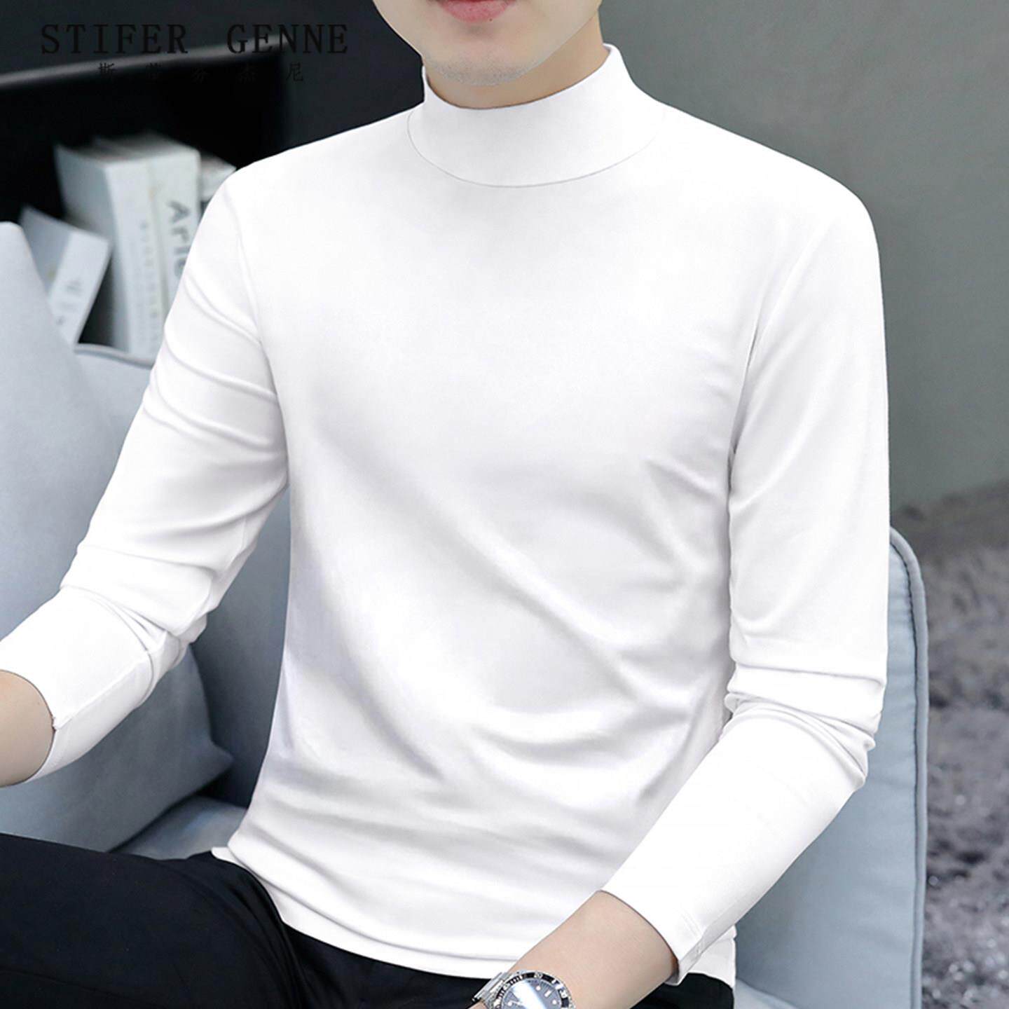 斯蒂芬白色半高领长袖T恤男春秋季2025新款高端休闲百搭男士上衣