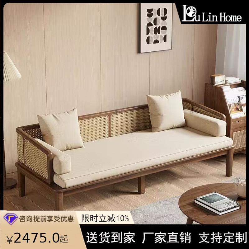 新中式藤编实木沙发床可推拉小户型家用客厅伸缩两用沙发民宿酒店