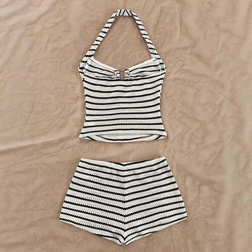 Women's Knitted Fabric Textured Striped Halter Crop Top with