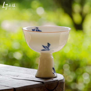 白瓷纯手绘蝴蝶兰花高足茶杯功夫茶具手作品茗杯家用主人杯个人杯