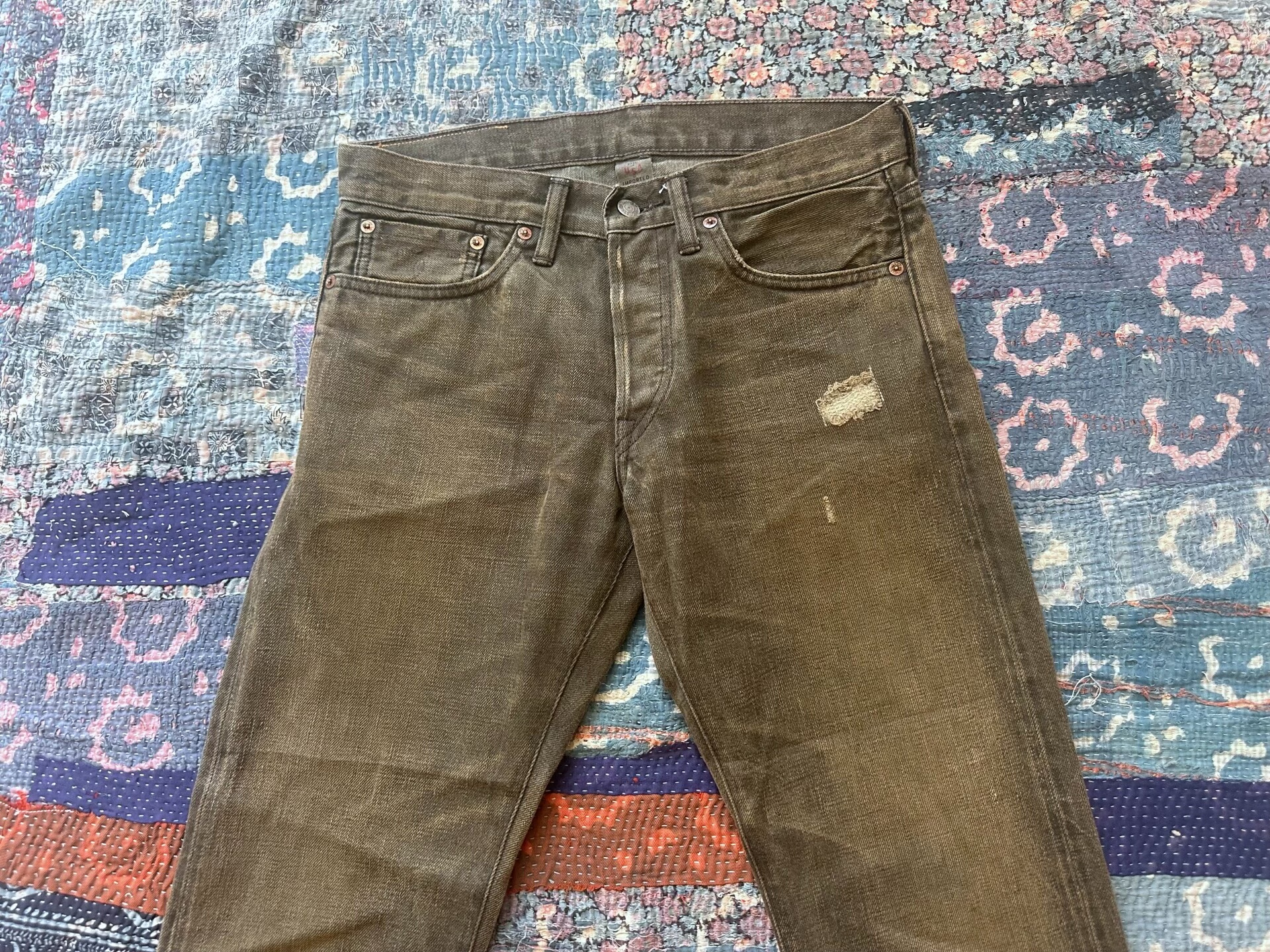 RRL Slim Fit Brownish-Green Distressed Jeans — detail