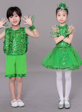 儿童绿色春晓合唱小草女童演出服服装树叶表演舞蹈纱裙禾苗蓬蓬裙