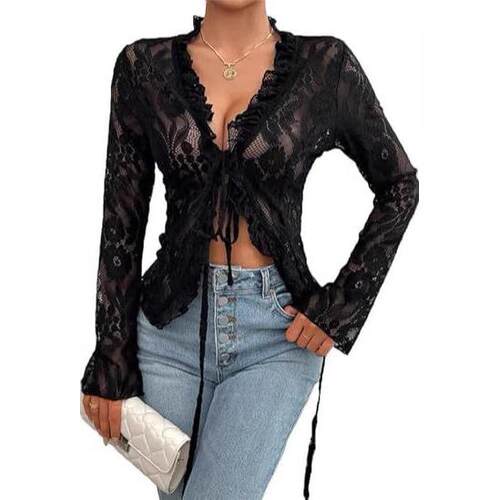 Women's Open Collar Lace Top Long Sleeve Ruffle Decorative