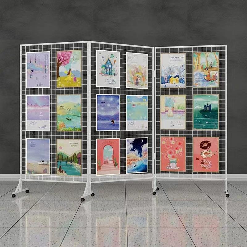 折叠网格移动展示架美术绘画作品幼儿园画展书法落地折屏铁网格网