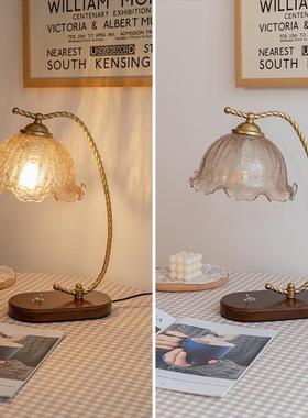 全铜室复古风头台书灯民宿房卧QRO灯饰做旧实木床头柜床玻璃印花