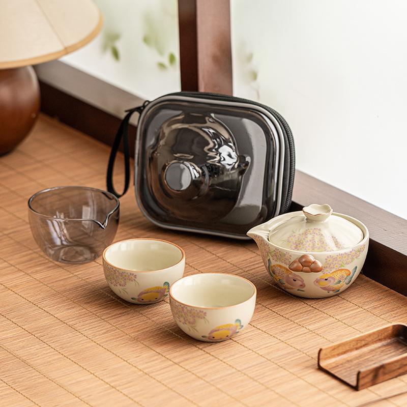 汝窑金鱼功夫泡茶壶茶杯套装户外旅行茶具便携式陶瓷一壶二杯
