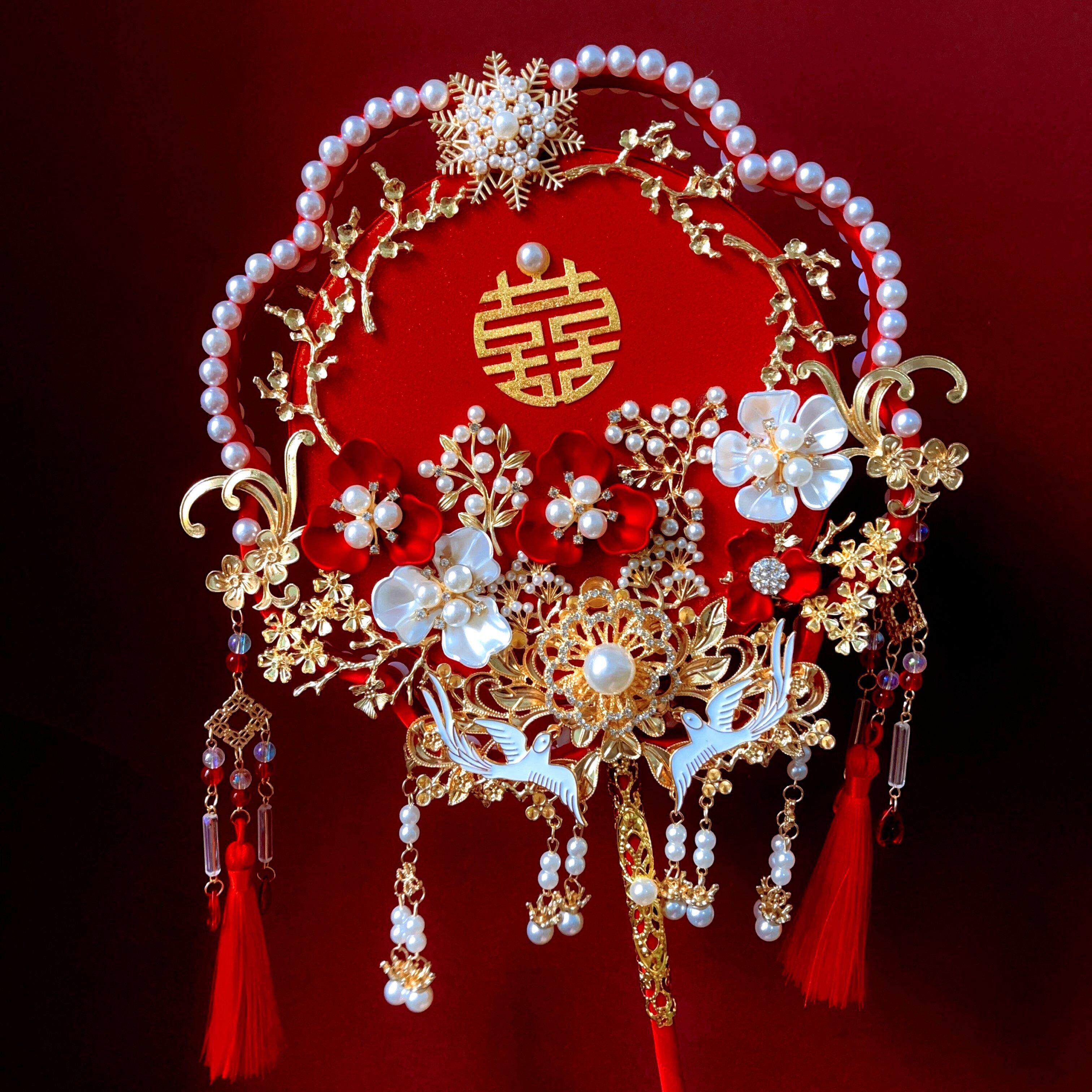 新娘结婚红金中式双面双圈团扇diy材料包龙凤秀禾服手捧出嫁喜扇