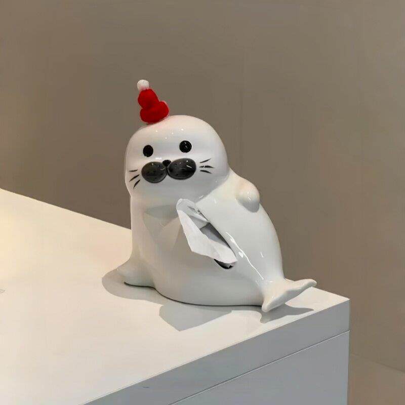 家用装饰纸抽盒摆件创意陶瓷海豹纸巾盒客厅可爱抽纸盒餐巾收纳盒