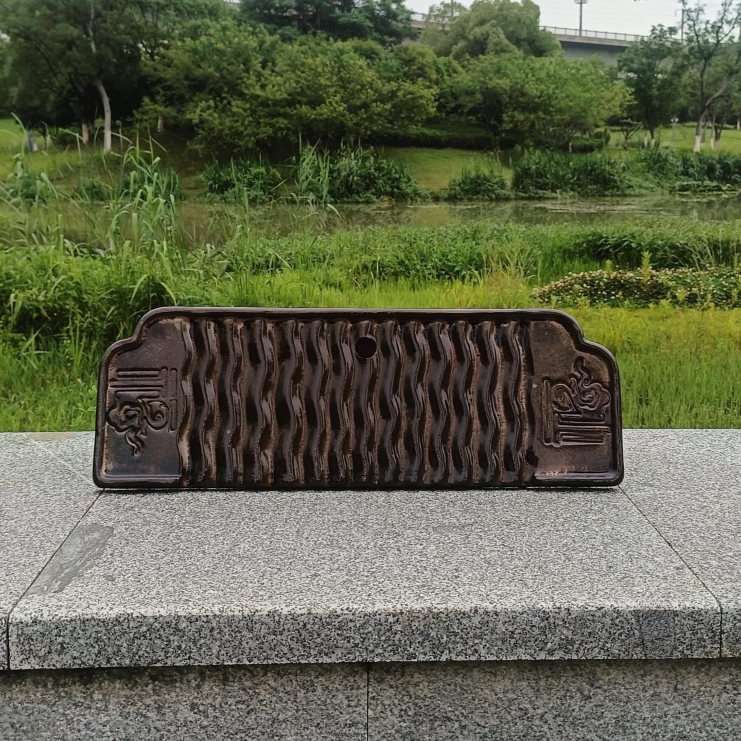 古法养鱼鱼缸流水板60cm长陶瓷木纹板打孔陶盆水缸创意缸上流水板