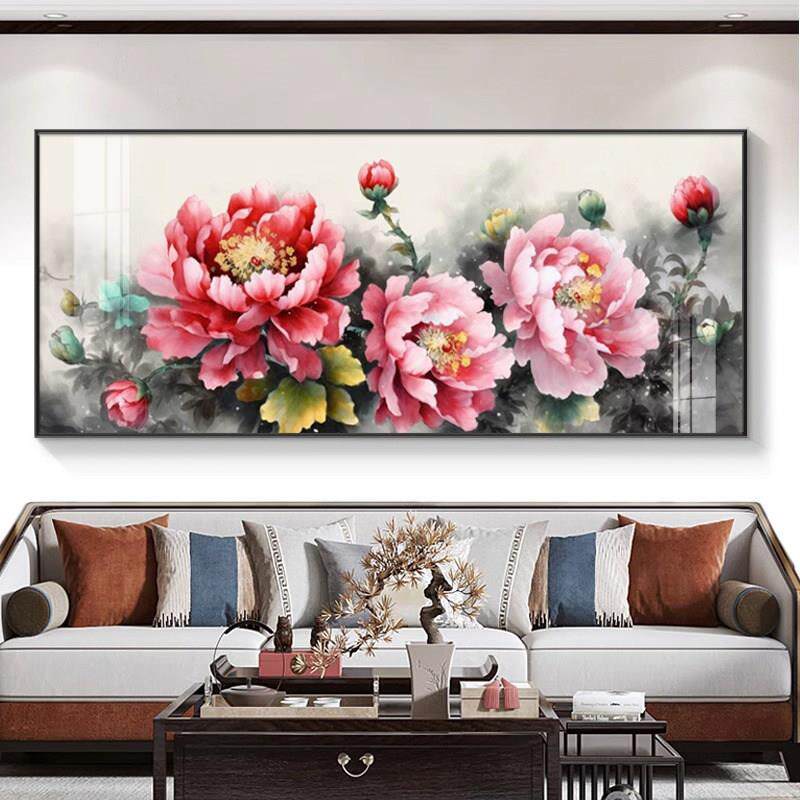 牡丹画花装饰画新中国风中厅沙发背景墙挂画鲜花盛开祥瑞壁画