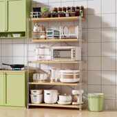 原木风日式 厨房置物架多层落地收纳架微波炉厨房电器多功能储藏架