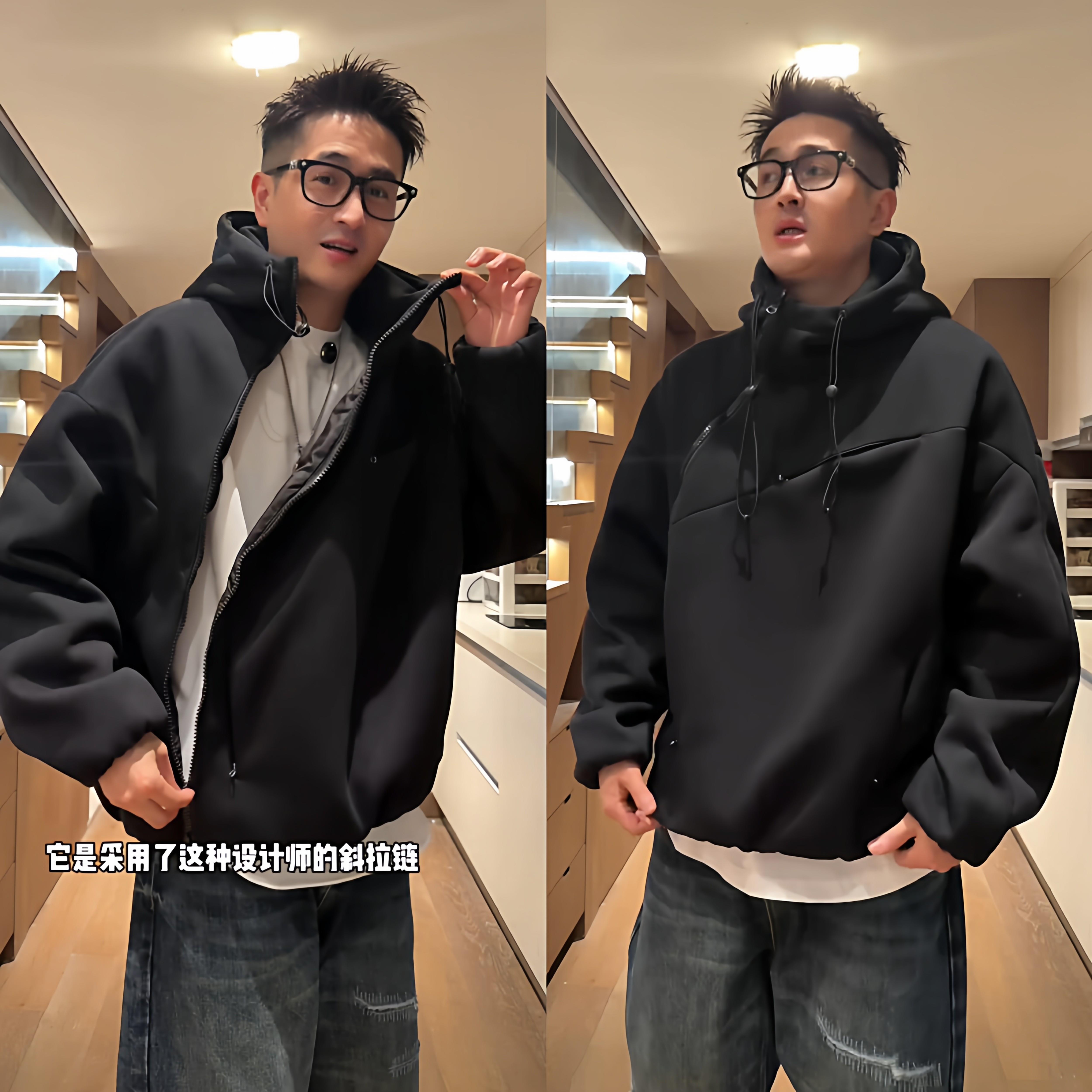 秋季新款斜拉链美式重磅连帽卫衣男潮牌痞帅宽松百搭加厚休闲外套