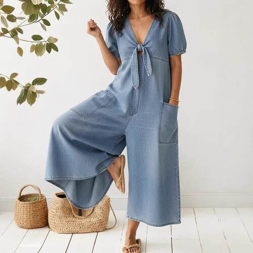 Short sleeved V-neck denim jumpsuit短袖V领牛仔连体裤