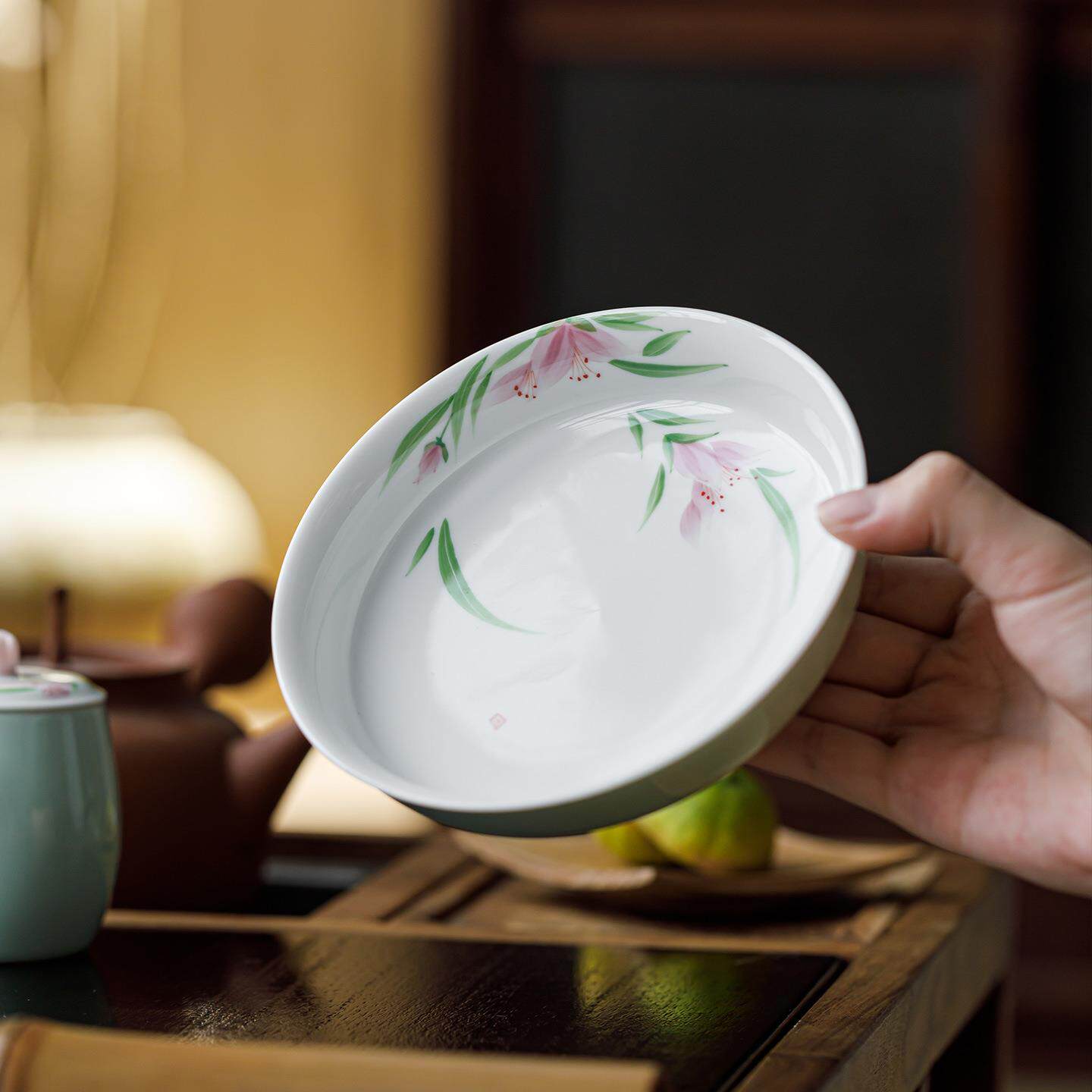观岚纯手绘百合花陶瓷圆形壶承盖碗底托家用干泡盘茶点盘茶具零配
