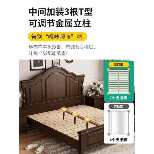 复古美式床实木床1.8米双人床主卧床1.5m现代简约家具2米x2米大床