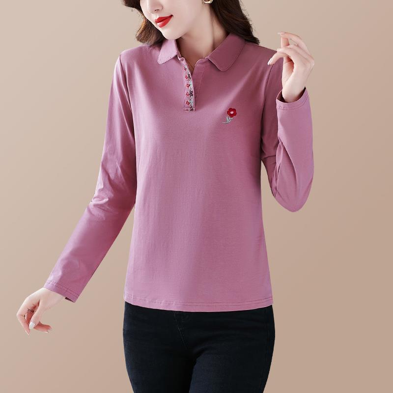 296217918025新款牌长袖t恤女中年妈翻领p妈o品lo衫宽显瘦上衣服