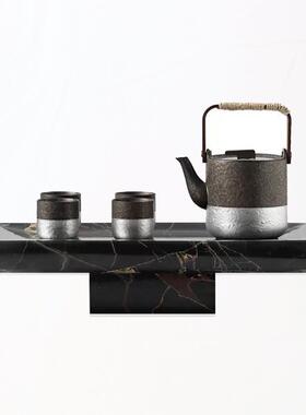 新中式黑色描银提梁壶茶具摆件售楼处样版房茶室茶桌禅意软装饰品
