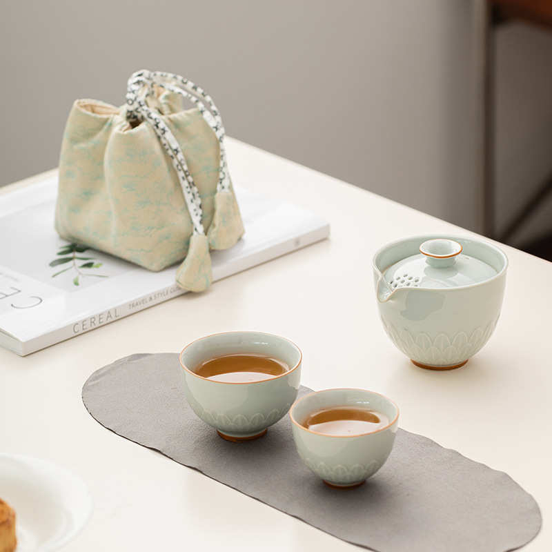 影青莲瓣快客杯一壶两杯户外旅行茶具便携布包茶礼小套装轻奢礼品