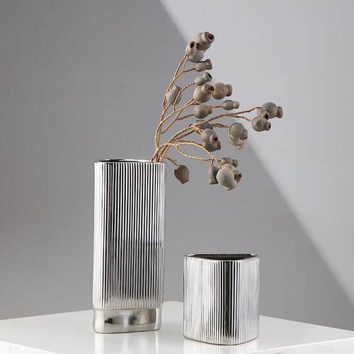 新中式家居样板间摆件镀银色陶瓷花瓶客厅餐厅桌面装饰干花插花器