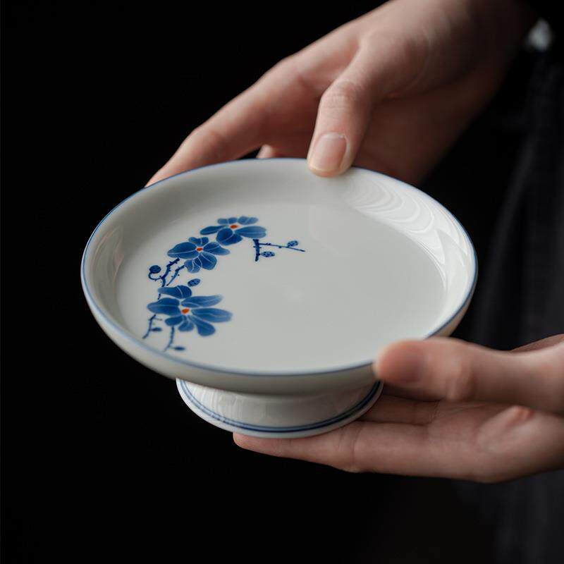 弥言釉下彩手绘玉兰花高足壶承家用干泡台日式茶点盘水果盘茶室