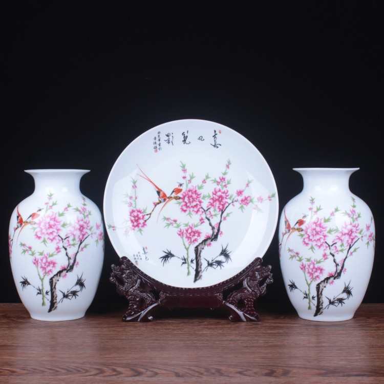 景德镇陶瓷工艺品 三件套花瓶 现代家居装饰中式陶瓷摆件鸳鸯戏荷