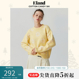 Eland衣恋毛衣女短款宽松提花花朵甜美风针织衫秋冬