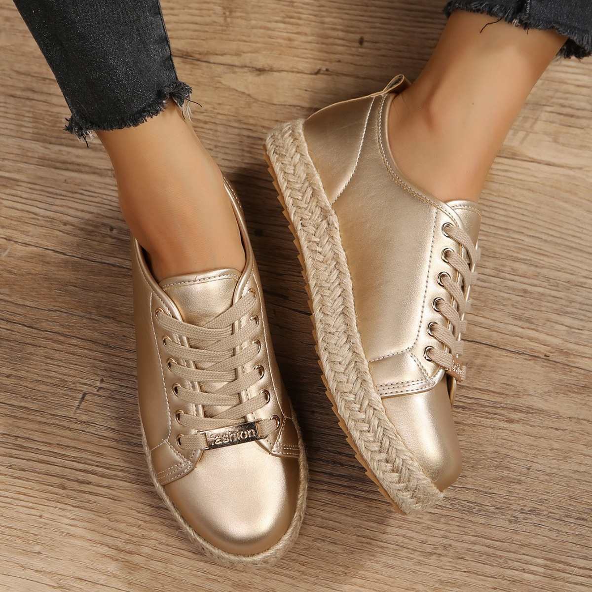 女士时尚气质百搭耐磨麻绳编织系带休闲运动单鞋