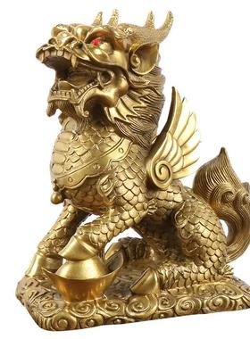 宏达全黄铜财富麒麟家居玄关宝石麒麟铜器装饰品一对摆件