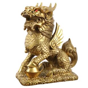 宏达全黄铜财富麒麟家居玄关宝石麒麟铜器装饰品一对摆件