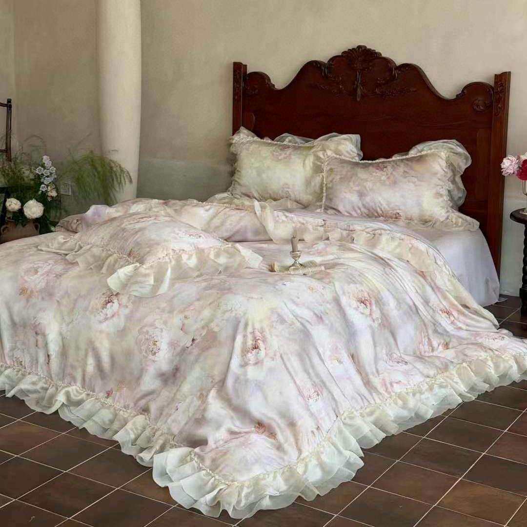 1法式油画风奥地利兰精天丝四件套花卉数码印花冰丝凉感被套床品