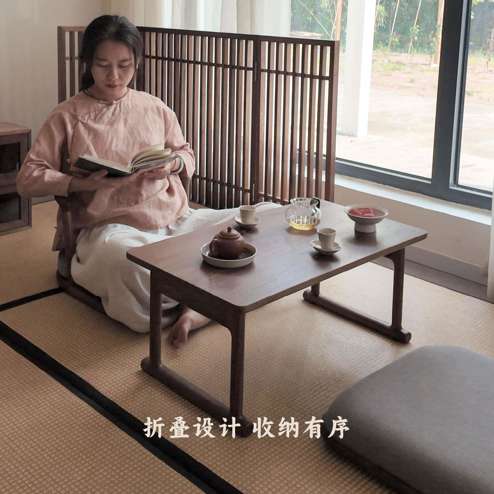 新中式实飘木折叠茶桌禅意黑榻榻米小炕桌北茶美胡折叠炕几桃木窗