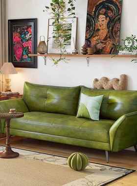 意式极简皮沙发轻奢客厅小户型中古风黑色棕色三人油蜡皮接待沙发