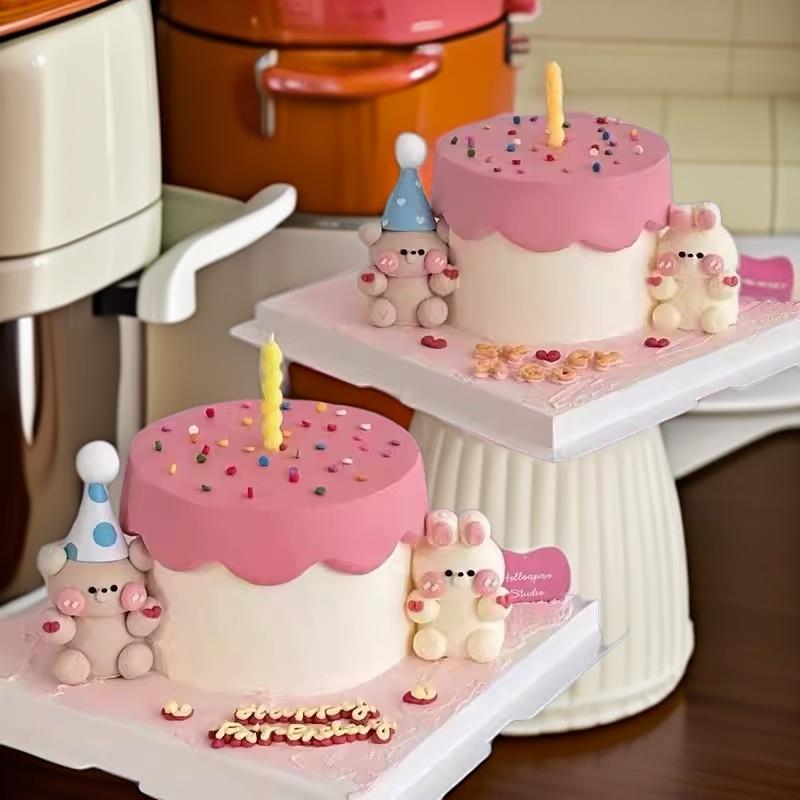 ins风复古可爱立体爱心小熊兔子蛋糕装饰摆件情侣纪念日生日插件