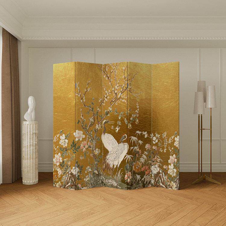 新中式屏风隔断客厅仙鹤入户玄关折叠移动法式覆古沙发背景墙折屏