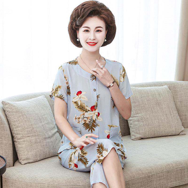 中老年开衫绵绸奶奶装夏季短袖女棉绸睡衣套装妈妈老人家居服薄款