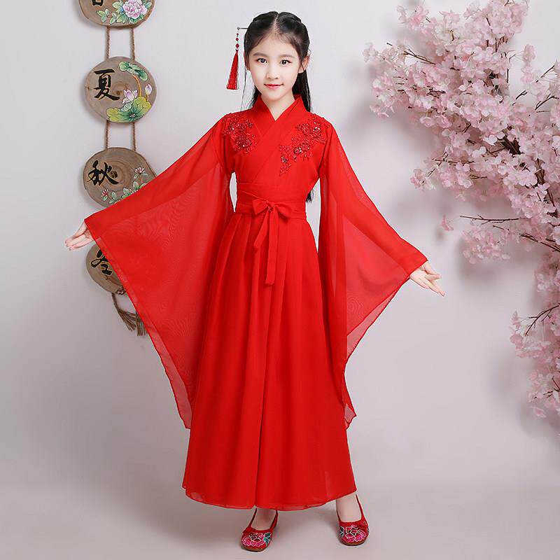 汉服女抖音儿童古筝舞蹈演出古装女童仙女裙公主飘逸中国风亲子装