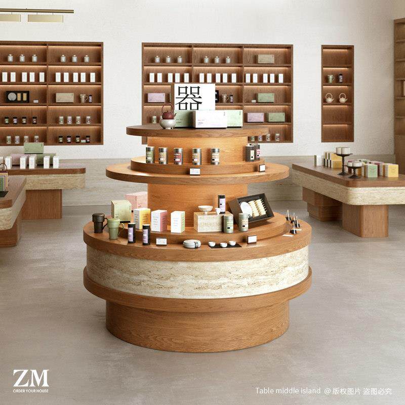 圆形多层中岛台带灯光文创茶叶店展示台茶燕窝补品展示柜旅游特产