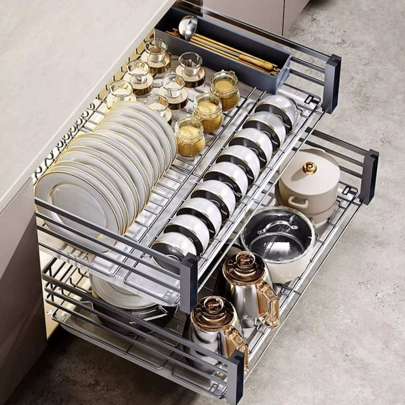 拉篮厨房橱柜内置不锈钢碗架碗盘碗碟收纳架子双层抽屉式碗篮