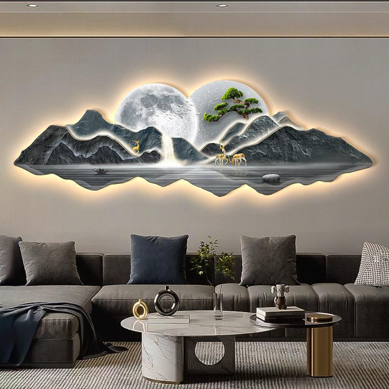 新款直销流水生财客厅装饰画档大气沙发背景墙画精雕LED灯新中式