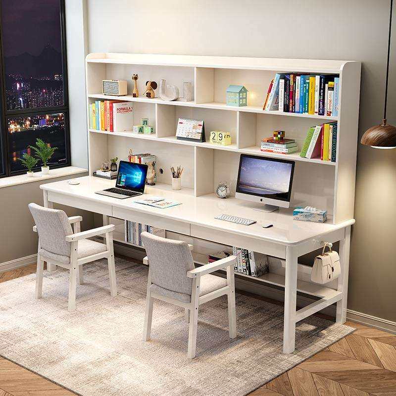 现代简约实木书桌带书架家用双人电脑桌学习简易办公写字桌椅组合