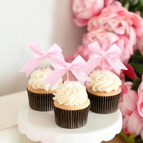 10pcs Pink Bow Cupcake Topper Pink Bow Birthday Decor Coquet