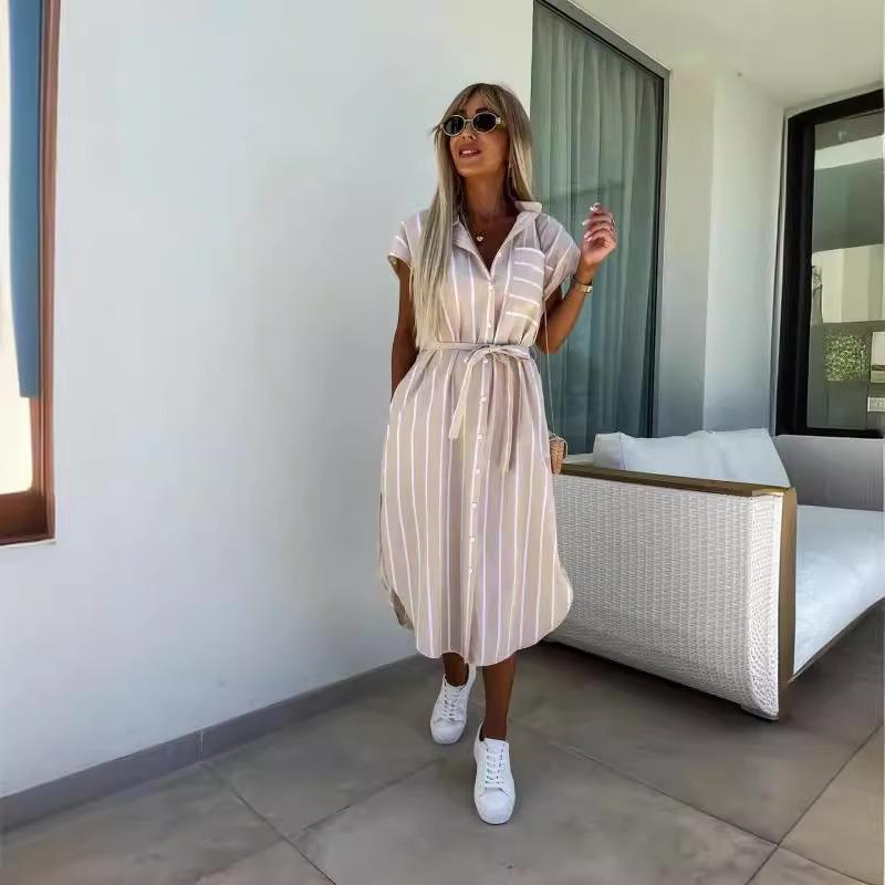 dresses long colla turn-down streetwear casual slim belt