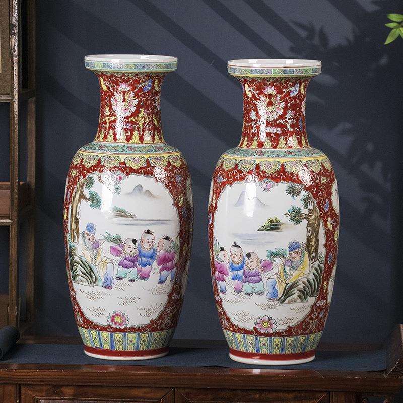 别墅装饰陶瓷花瓶摆件景德镇手绘粉彩开窗童趣花瓶60cm高大号瓷瓶
