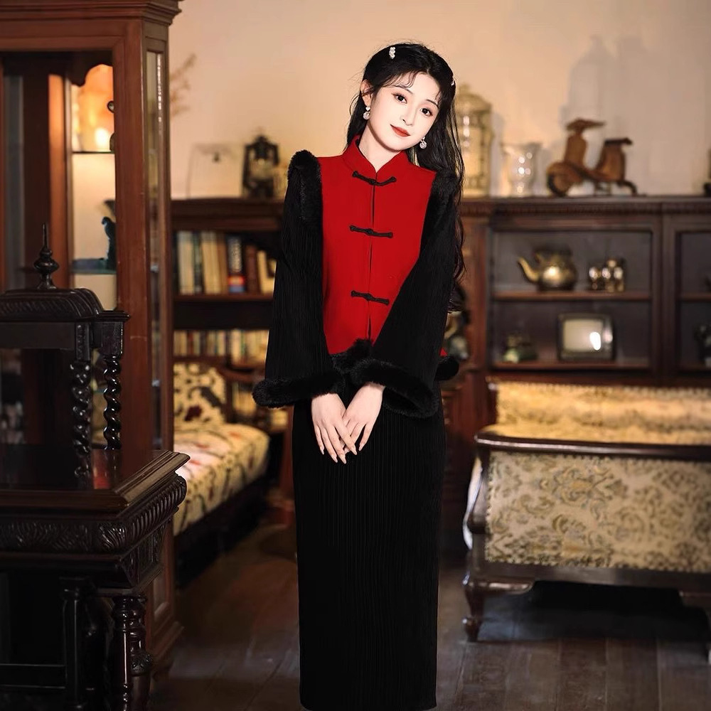 黑色旗袍马甲套装加厚时尚套装