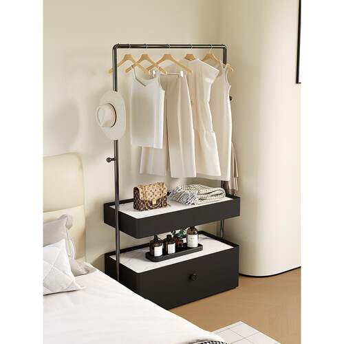 实木落地衣架床头柜一体化活动卧室衣架储物柜黑色覆古高端