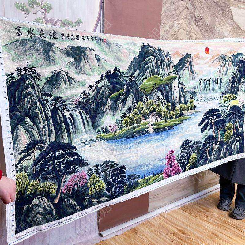 流水绣生财十字成品不带框纯手2工出售绣好的205新款客厅山水已画