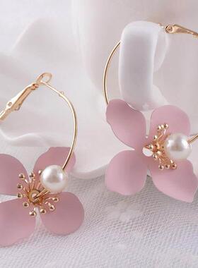 Elegant Fresh All-match Sweet Pink Paint Flower Ear Ring Wom