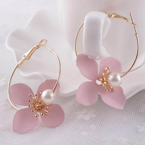 Elegant Fresh All-match Sweet Pink Paint Flower Ear Ring Wom